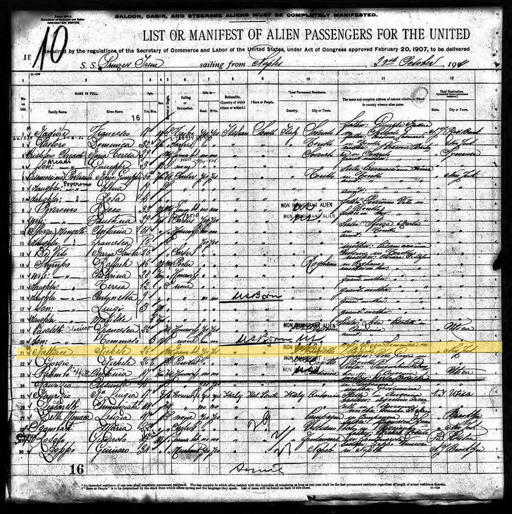 Record demonstrating Michele Mattiace’s arrival to the United States in 1911, as a ‘non-immigrant alien’