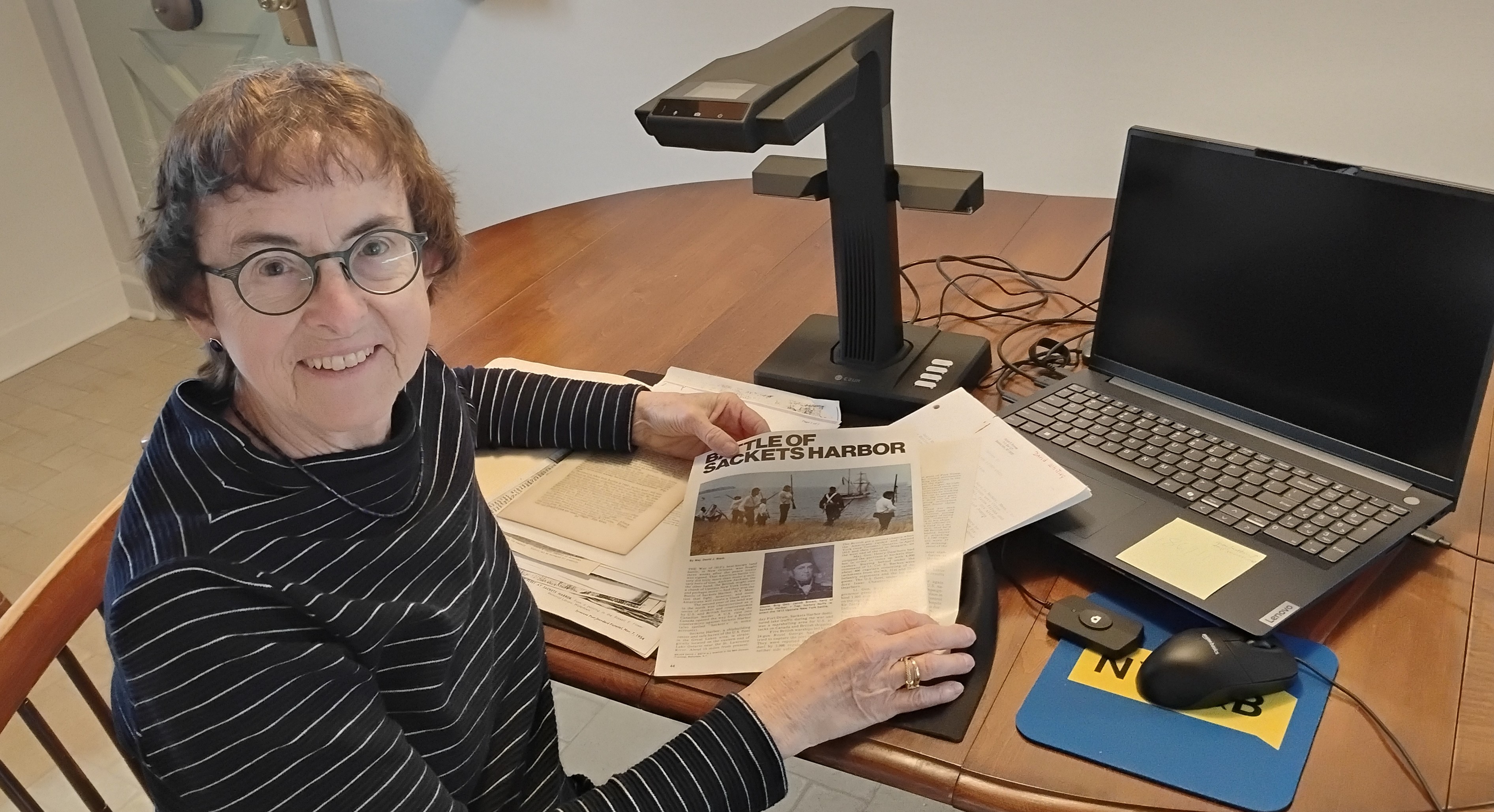Constance Barone, historian for Sackets Harbor and Hounsfield, with her loaned digitization kit.