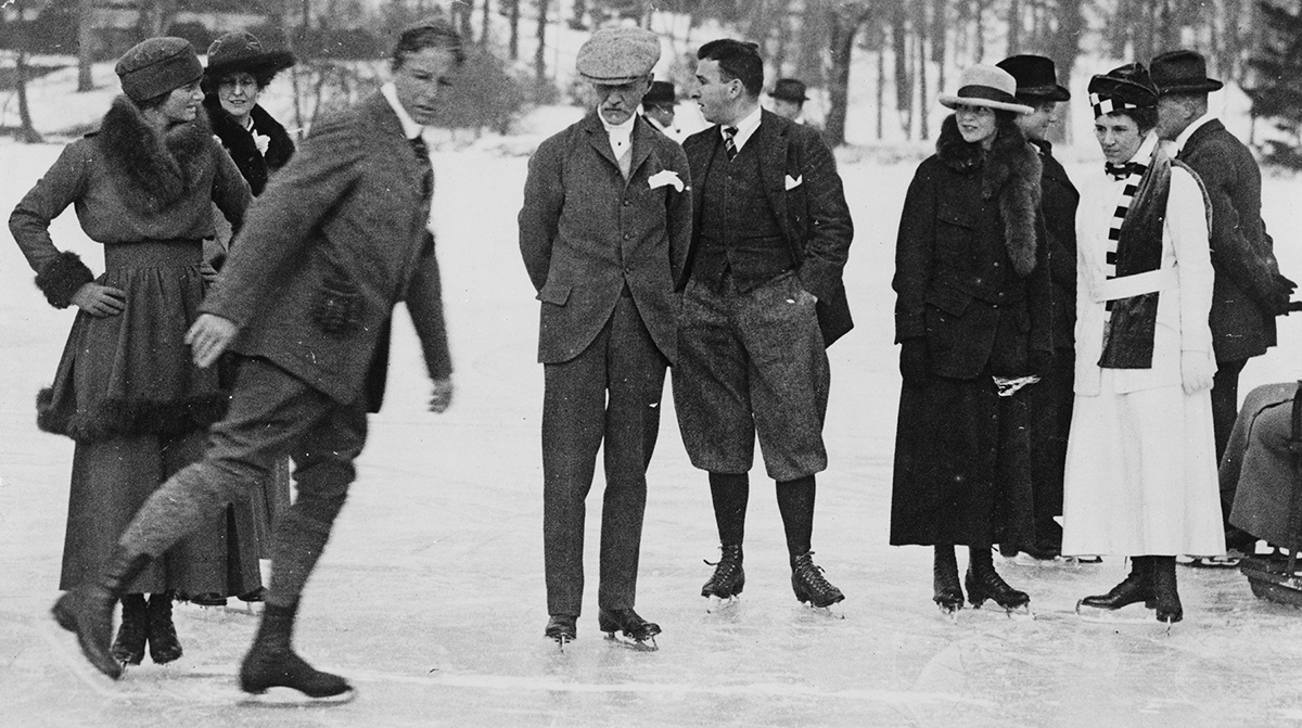 Ice-skaters on ice in Tuxedo Park, New York LCCN94506956, George Grantham Bain Collection, Public domain, via Wikimedia Commons