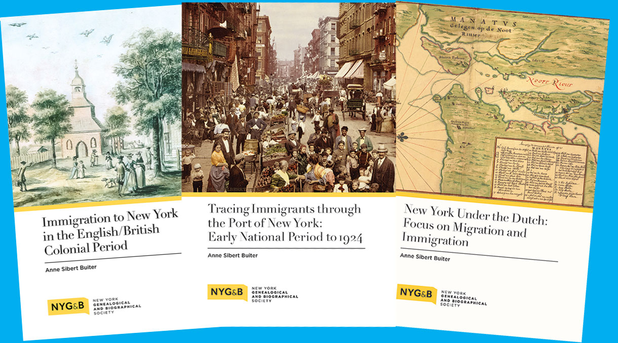 Three book covers: Immigration to New York in the English/British Colonial Period, New York Under the Dutch: Focus on Migration and Immigration, and Tracing Immigrants through the Port of New York: Early National Period to 1924