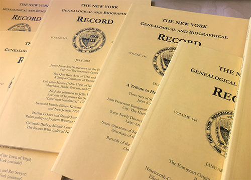 A spread of various issues of the New York Genealogical and Biographical Record