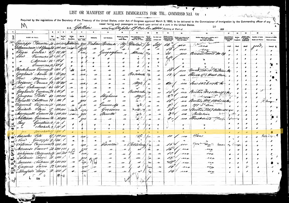 Record demonstrating Michele Mattiace’s first immigration to the United States in 1901
