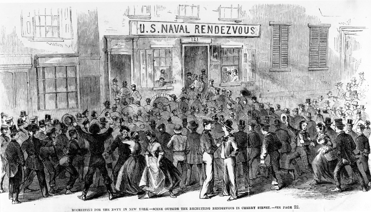 Recruiting for the Navy in New York- scene outside the recruiting rendezvous in Cherry Street, 1861, as depicted in Frank Leslie's Illustrated Newspaper (Naval History & Heritage Command)