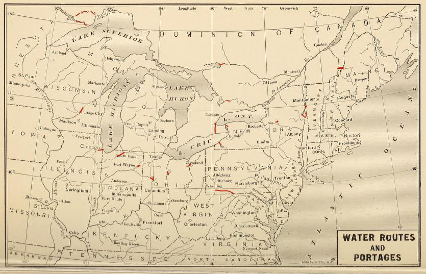 A map from 1904 showing the early water routes of the United States, 1600 - 1800