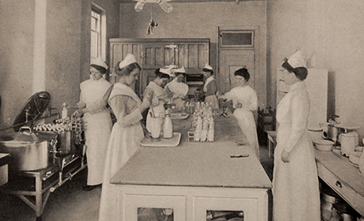 Black and white photo of Nurses in NYC Nursery and Children's Hospital