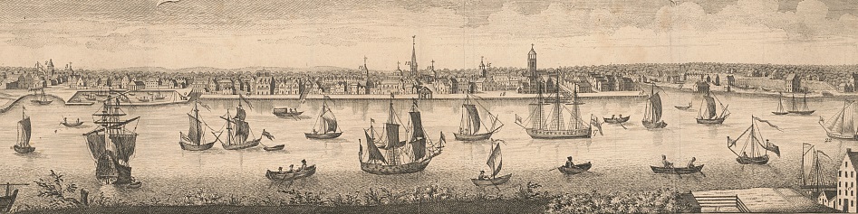 An image of New York harbor in the 1750s - very crowded with many ships of various sizes