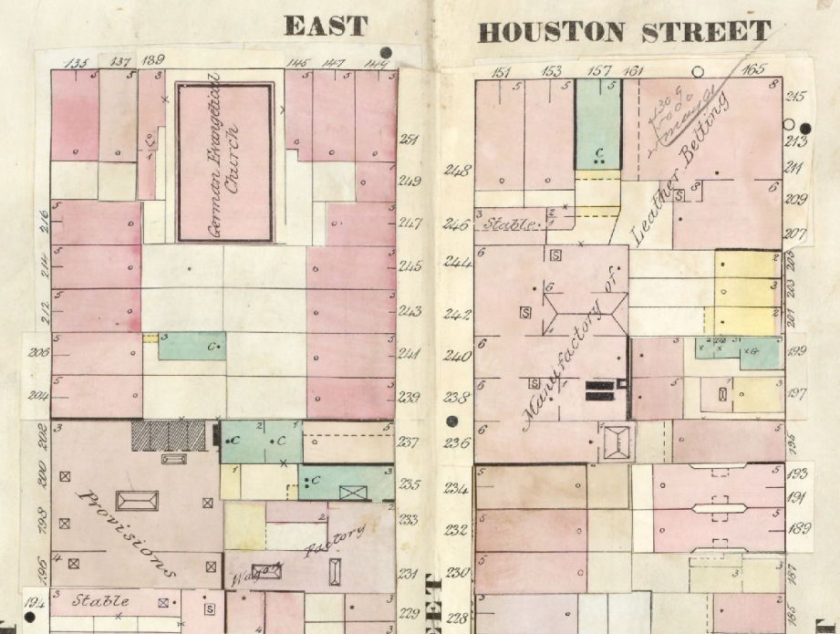 Part of a Sanborn map showing a detailed representation of a New York City street, including factories and churches
