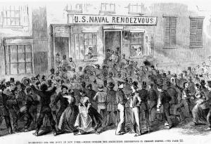 Recruiting for the Navy in New York- scene outside the recruiting rendezvous in Cherry Street, 1861, as depicted in Frank Leslie's Illustrated Newspaper (Naval History & Heritage Command)