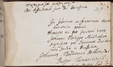 Inscription by J. T. Polhemius in the friends album of Johann Philip Mulheiser, circa 1638-1642
